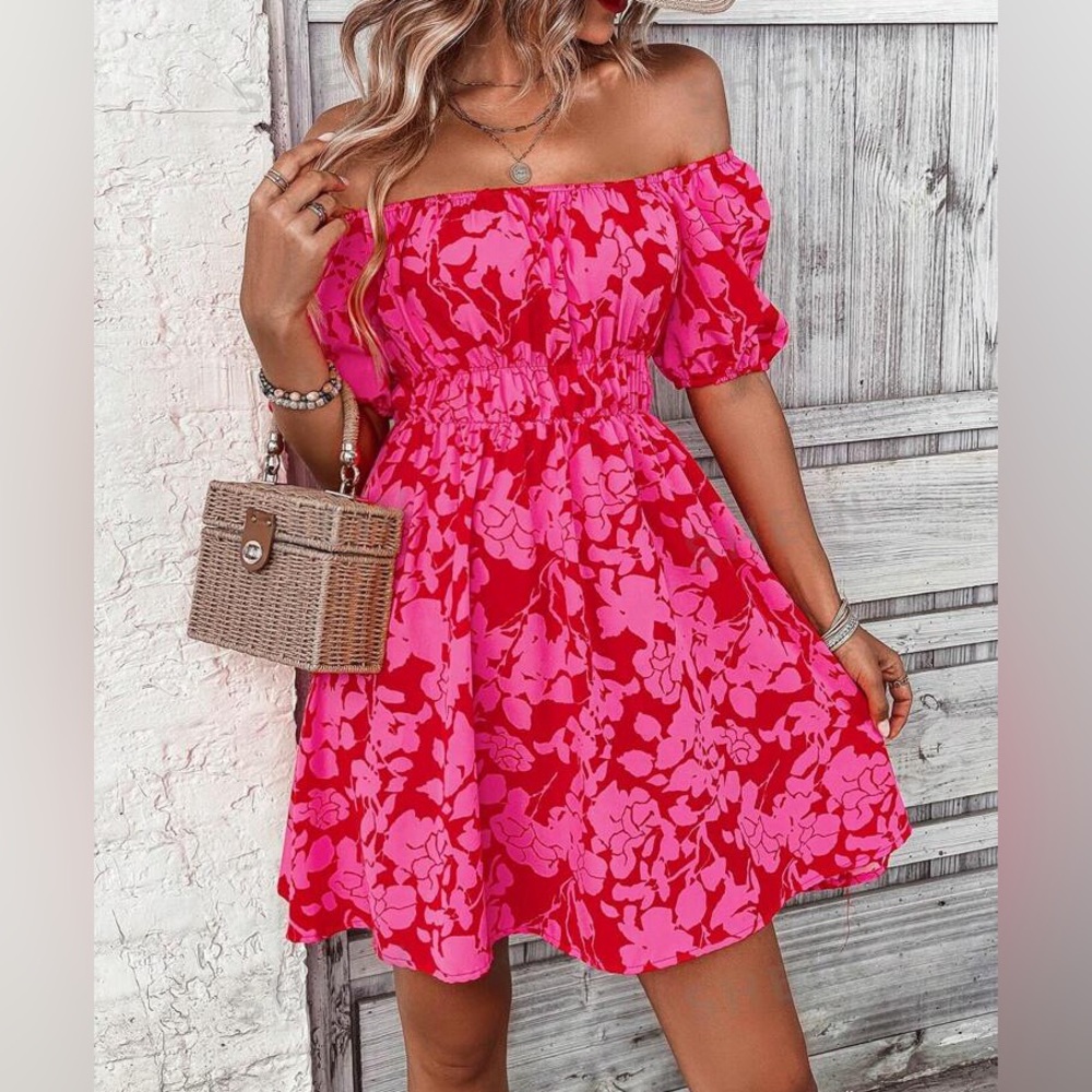 Floral Print Off Shoulder Puff Sleeve Dress